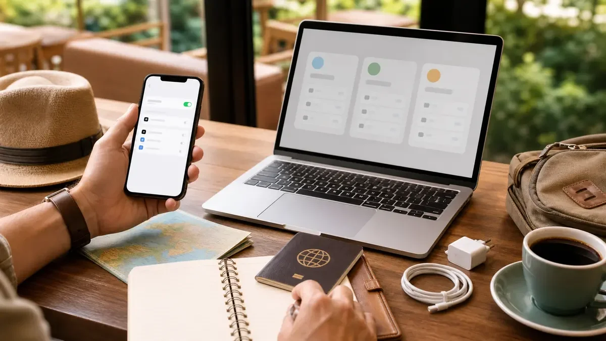 Traveler comparing regional eSIM options on a laptop and phone before a Southeast Asia trip
