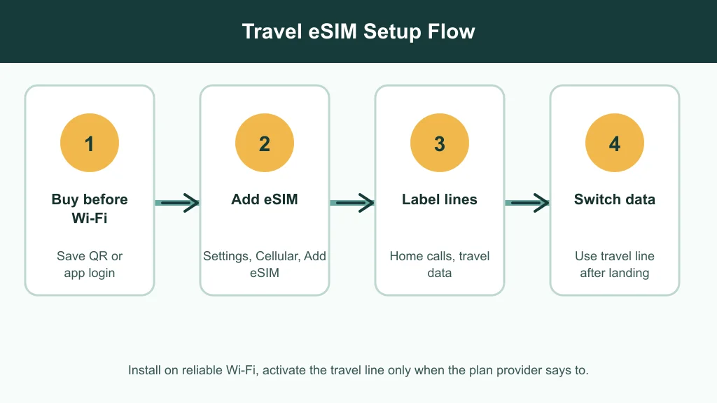 Four-step setup flow for adding and switching to a travel eSIM on iPhone