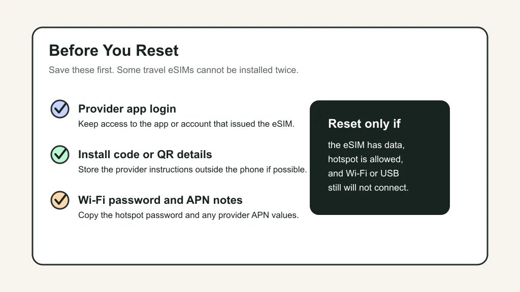 Checklist of what to save before resetting iPhone network settings