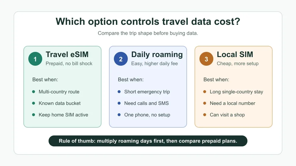 Cost decision graphic comparing travel eSIMs, daily roaming passes, and local SIM cards